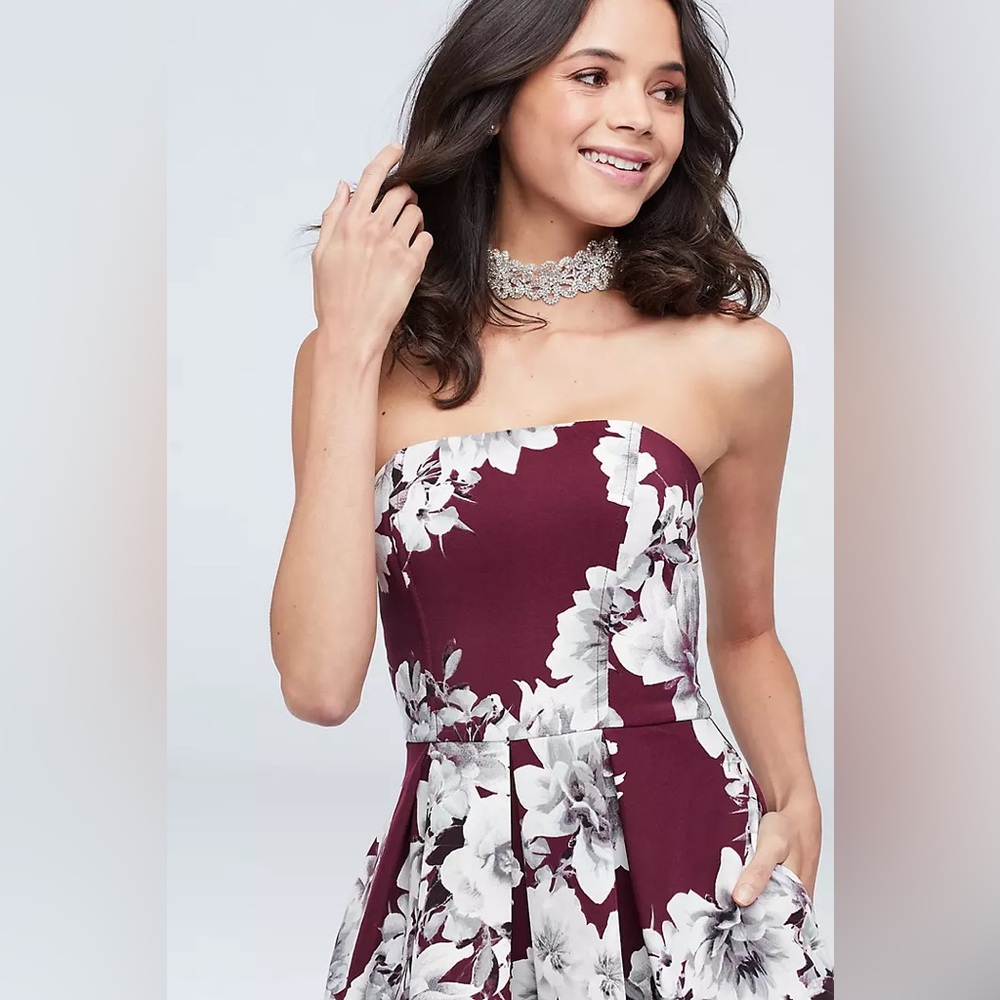 Floral Print Strapless High Low Gown Dress with Pockets